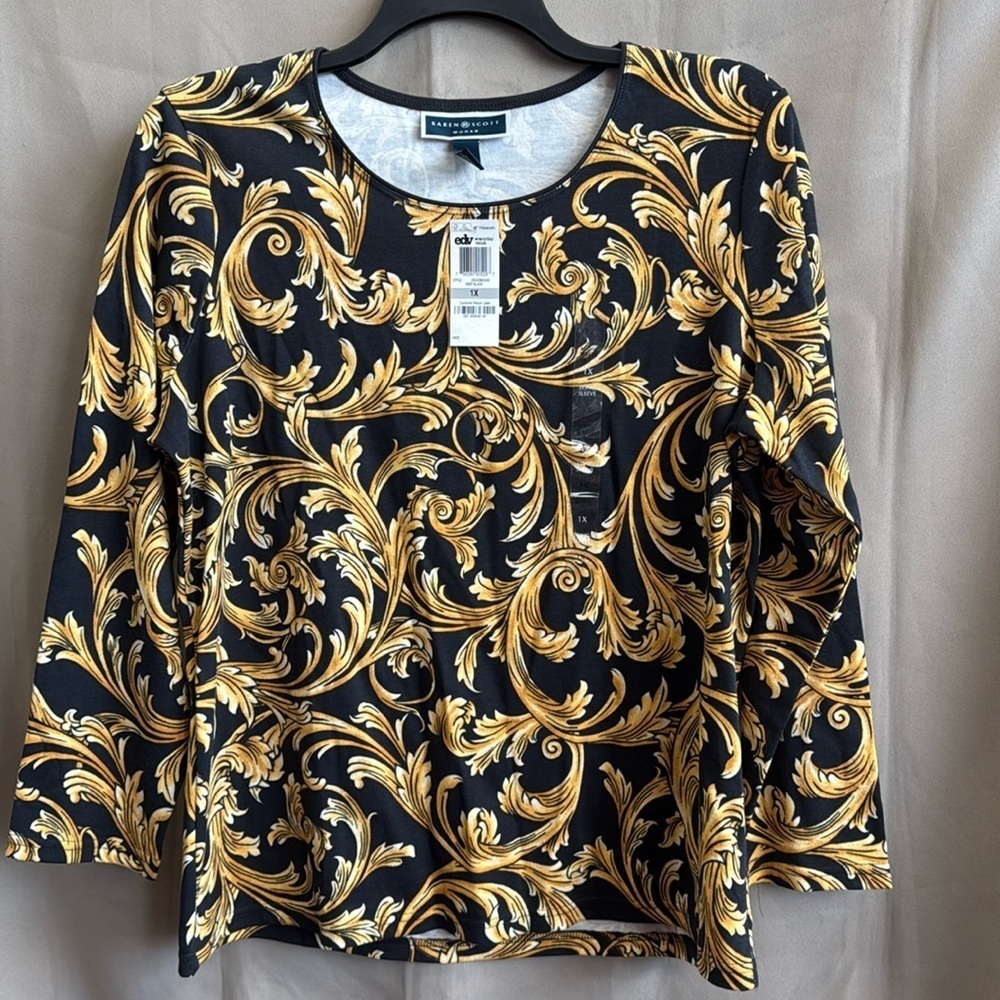 NWT Karen Scott Top Womens 2X Shirt black Paisley Work Office Casual Knit